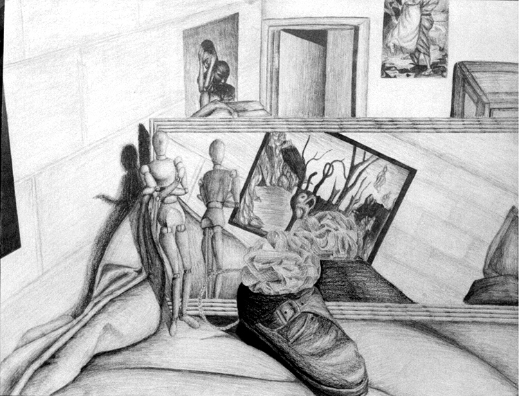 surrealistic drawing in mirror with wooden manakin and cloth 