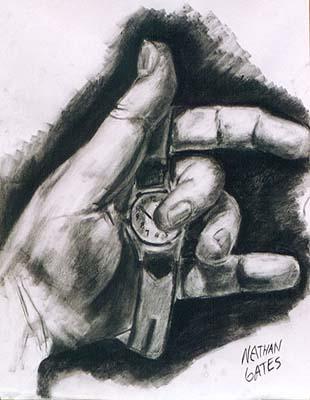 Hand holding watch; Drawn from Life - charcoal 