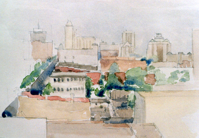 watercolor - downtown (looking east) from VCU rooftop