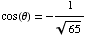 cos(θ) = -1/65^(1/2)