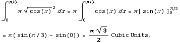 ∫_0^(π/3) πcos(x)^(1/2)^2dx = π∫_0^(π/3) cos(x) dx = π[ sin(x) ] _0^(π/3)  = π ( sin(π/3) - sin(0)) = (π3^(1/2))/2Cubic Units .