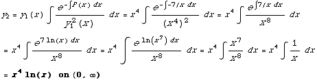y_2 = y_1(x) ∫e^(-∫P(x) dx)/y_1^2(x) dx = x^4∫e^(-∫ -7/x dx)/(x^4)^2 ... dx = x^4∫x^7/x^8dx = x^4∫1/xdx  = x^4ln(x)    on (0, ∞)