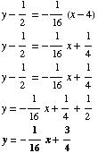 y - 1/2 = -1/16 (x - 4)  y - 1/2 = -1/16x + 1/4  y - 1/2 = -1/16x + 1/4  y = -1/16x + 1/4 + 1/2  y = -1/16x + 3/4 