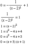 0 = -1/(x - 2)^2 + 1  1/(x - 2)^2 = 1  1 = (x - 2)^2  1 = x^2 - 4x + 4  0 = x^2 - 4x + 3  0 = (x + 3) (x + 1) 