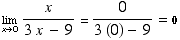 Underscript[lim , x0] x/(3x - 9) = 0/(3 (0) - 9) = 0