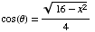cos(θ) = (16 - x^2)^(1/2)/4